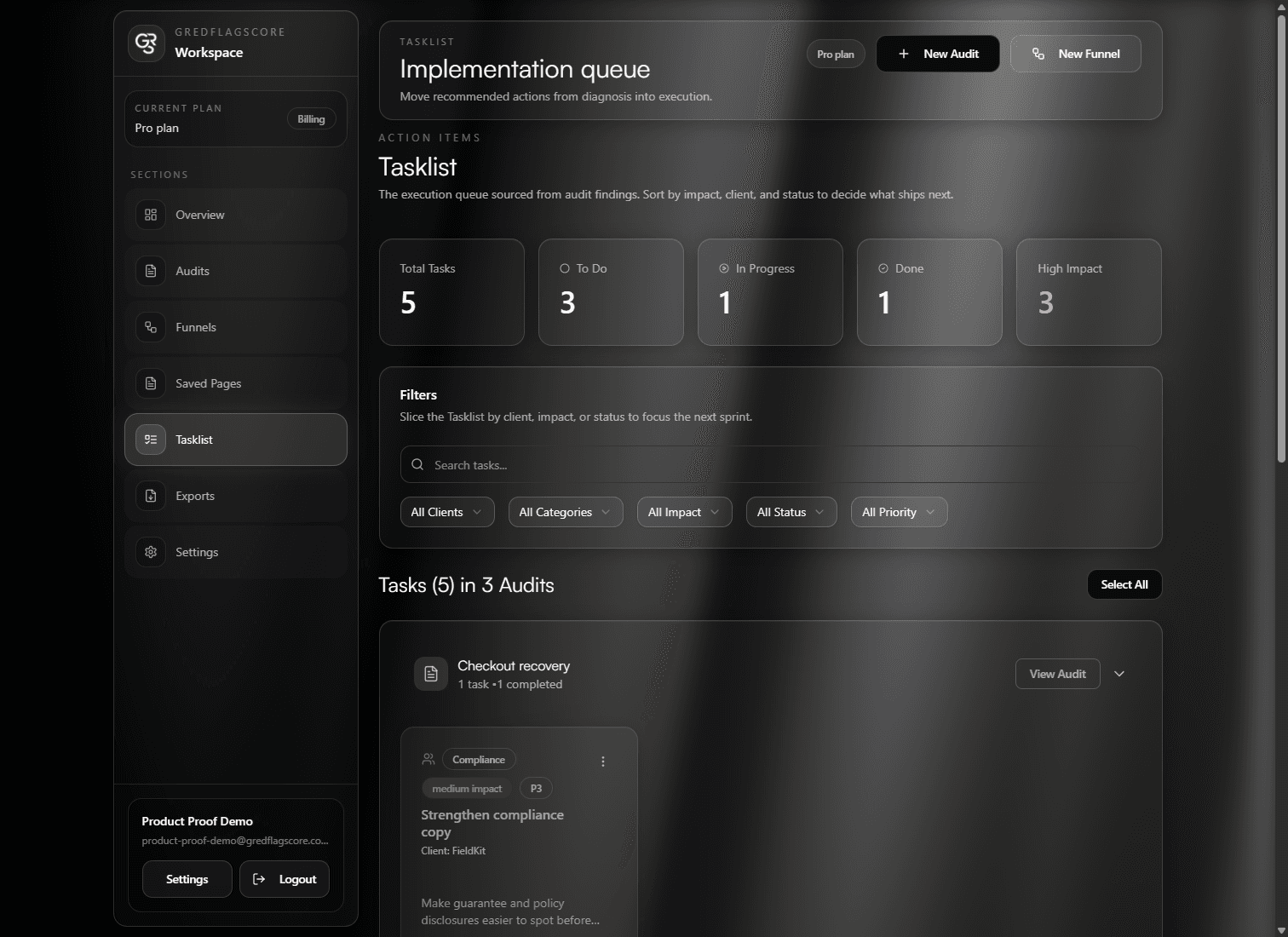 gredflagscore tasklist view showing implementation queue, task counts, filters, and audit-linked work items